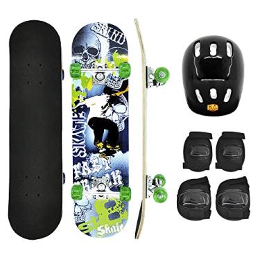 Imagem de Skate Infantil Caveira Madeira 78,5cm até 50kg + Kit de Proteção, DM Radical