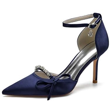 Imagem de Sandália feminina com tira no tornozelo bico fino strass cetim sapatos nó sapatos pingente salto, Azul escuro, 7.5