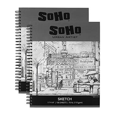 Imagem de Soho Urban Artist Pacote com 2 blocos de desenho de 28 x 35,5 cm, 100 folhas de papel de caderno de desenho espiral (34 kg/110 gsm) para artistas profissionais e amadores, lápis de cor, carvão e grafite para esboço
