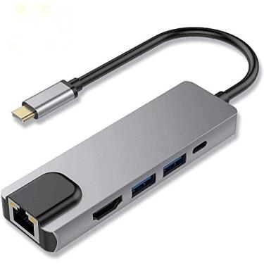 Imagem de Hub USB C, adaptador multiporta USB C Hub, Thunderbolt 3 5 em 1 USB 3.1 Tipo C com 4K HDMI, 1000M RJ45 Gigabit Ethernet, 2 portas USB 3.0, USB C Power Charge para MacBook / ChromeBook Pixel / dispositivos USB-C