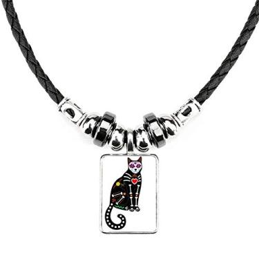 Imagem de DIYthinker Colar de coração de osso de gato preto Halloween atmosfera de terror joia pingente de corda de couro torque