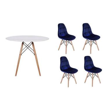 Imagem de Kit Mesa Jantar Eiffel 90cm Branca + 04 Cadeiras Botonê Veludo - Azul