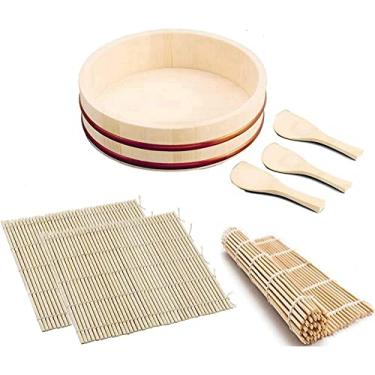 Imagem de JapanBargain 1576, kit de fabricação de sushi, tigela de mistura de arroz, banheira japonesa, Hangiri de bambu, tapete para enrolar sushi, conjunto de colher de arroz