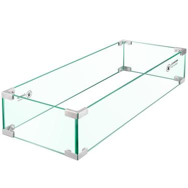 Imagem de Pariplus Proteção contra vento de lareira – 78 cm x 30 cm x 15 cm protetor de vento retangular de vidro para lareira ao ar livre, vidro temperado grosso e durável com suportes de canto de alumínio