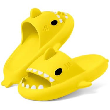Imagem de Sandálias infantis de tubarão | Chinelos de banho para meninos e meninas | Sandálias de dedo aberto com desenho fofo | Sola grossa acolchoada para praia e piscina, Amarelo, 5-6 Big Kid