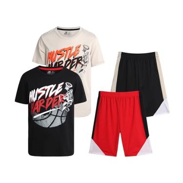 Imagem de Pro Athlete Conjunto de shorts ativos para meninos - 4 peças de camiseta de desempenho de ajuste seco e shorts de basquete (4-16), Preto/Bege Hustle Harder, 14-16