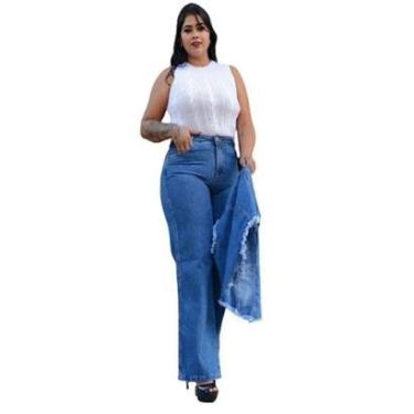 Imagem de Calça Wide Leg  Feminina Jeans 100% Algodão Plus Size Pantalona Veste do 36 ao 52 Ref. 32-Feminino