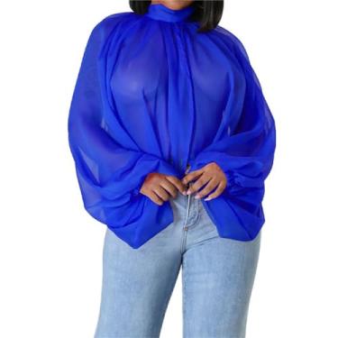 Imagem de Blusas femininas transparentes de chiffon transparente com gola alta e manga lanterna, Azul, G