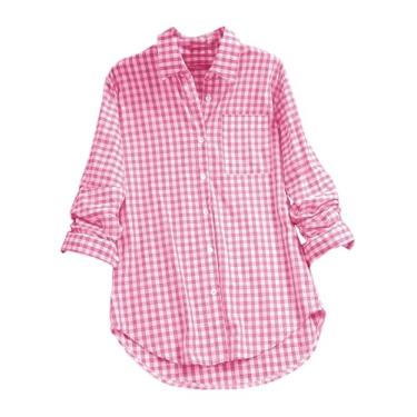 Imagem de Camisa feminina vintage estampa xadrez retrô blusa abotoada manga longa visual elegante, Rosa M, One Size