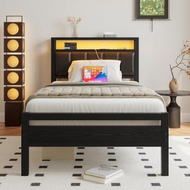 Imagem de HOJINLINERO Estrutura de cama de solteiro com estação de carregamento e luzes LED, cabeceira estofada de armazenamento, moldura de cama de metal, molduras de cama de solteiro, sem necessidade de molas