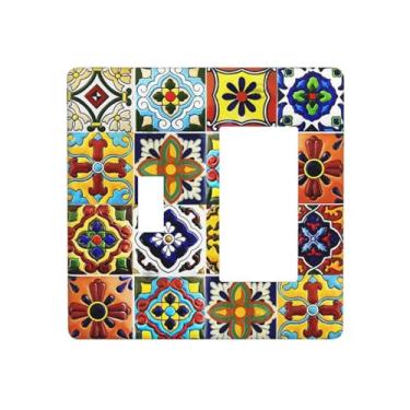 Imagem de 2 gang, 1 alternância, 1 decorador/GFCI placa de parede com combinação de dispositivos, mosaico colorido, marroquino, mexicano, boho, talavera, floral, azulejo de cerâmica, conjunto de balancim /