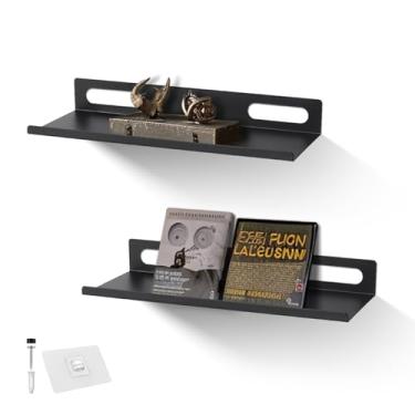 Imagem de Prateleira adesiva pequena para parede - Prateleiras de metal preto sem broca com conjunto de 2 bordas finas e estreitas de comprimento médio - Suporte de parede flutuante para armazenamento de parede