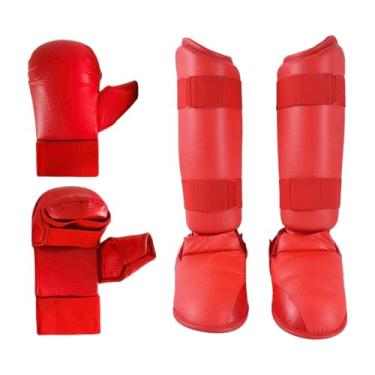 Imagem de Vaveren Conjunto de equipamentos de de taekwondo, luvas de caratê, luvas de boxe, caneleiras com calçados, luvas de saco de pancadas para exercícios, Vermelho, Xs