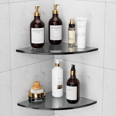 Imagem de SHUAIAIW Prateleira de vidro de canto sem broca de 2 camadas, prateleira de chuveiro para chuveiro interno, organizador de parede de chuveiro, suporte de xampu, prateleira de canto para banheiro,