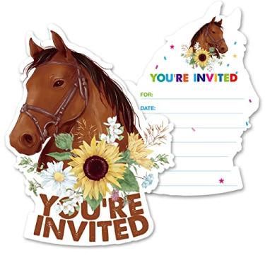 Imagem de Convites de festa de cavalo de pônei floral com envelopes, 20 conjuntos de convites em forma de cavalo ocidental aniversário aniversário meninas vaqueira convites suprimentos lembrancinhas, dupla face