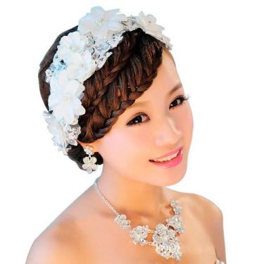 Imagem de Tiara Arranjo Cabelo Noiva Pérol Prateada Fio Strass Flor - anjo da ma