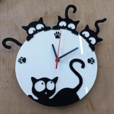 Imagem de Relógio Gatos Petshop Sala Cozinha Escritório Quarto Branco Com Preto 