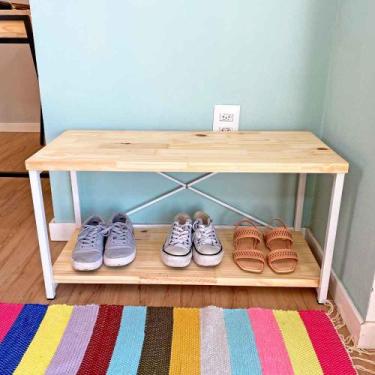 Imagem de Sapateira Banco Style de Ferro e Madeira Industrial Natural e Branco -