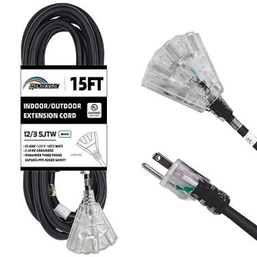 Imagem de HONDERSON Cabo de Extensão Externo Iluminado de 15 Pés com 3 Tomadas de Energia, Cabo de Extensão Preto Resistente 12/3 Sjtw com Plugue Aterrado de 3 Pinos para Segurança, Listado Na Ul