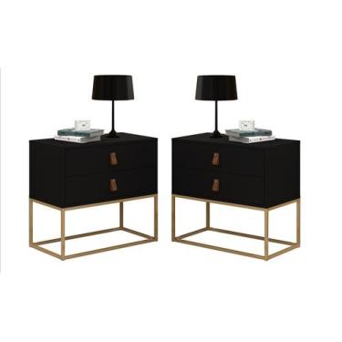 Imagem de Kit 2 Mesa Criado Estilo Industrial 2 Gavetas Puxador em Couro Pés de 