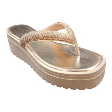 Imagem de Chinelo Casual Feminino Plataforma Ramarim Amêndoa/Ouro, Amêndoa, Ouro