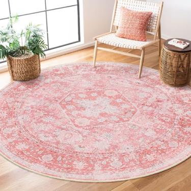 Imagem de MUJOO Tapete redondo de 1,8 m, tapete circular rosa lavável, tapetes circulares boho para quarto e sala de estar, tapete antiderrapante, macio, vintage, floral