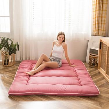 Imagem de MAXYOYO Colchão de chão japonês, colchão futon, almofada de dormir espessa, dobrável, futon de chão para adultos, tapete de tatame, dormitório, espreguiçadeira, rosa, tamanho queen