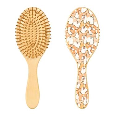 Imagem de Blueangle Escova de madeira com cerdas de madeira – Linda escova de cabelo encaracolado de madeira oval com estampa de cachorro Corgi para desembaraçar e pentear o cabelo feminino de meninas (399)