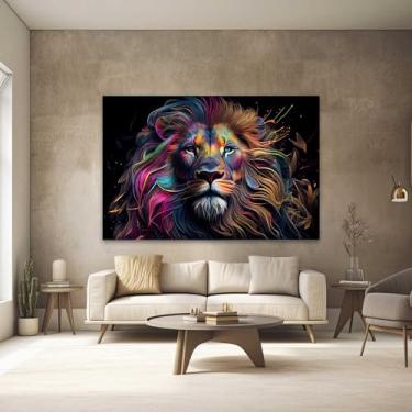 Imagem de Quadros Decorativos para Quarto Sala 90x60 Leão Colorido Arte Grande Escritório Hall