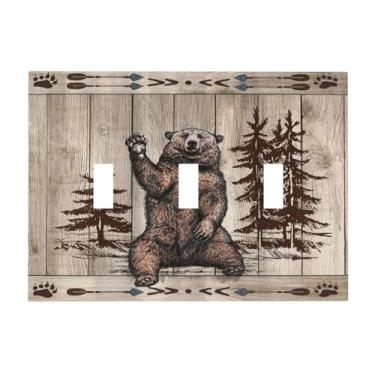 Imagem de Xuejiaku Urso da floresta retrô cabine rústica tábuas de madeira 3 gangues capas de interruptor de luz divertidas decorativas casa de fazenda triplo placa de parede placa elétrica para decoração de
