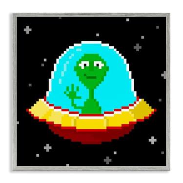 Imagem de Stupell Industries Pixel Alien Spaceship Framed Giclee Wall Art Design por June Erica Vess, moldura cinza, 43 x 43 cm