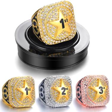 Imagem de Highergo 3 peças 1º 2º 3º lugar campeonato anel troféu com corrente de pescoço e suporte participante finalista ouro prata bronze tom finalista anel participante para partidas de participante