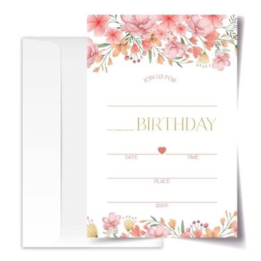 Imagem de ANYEMW Cartões de convite de aniversário florais rosa com envelopes pacote de 20 (10 x 15 cm), convites de festa para meninos, meninas, crianças, adolescentes, decorações e suprimentos de