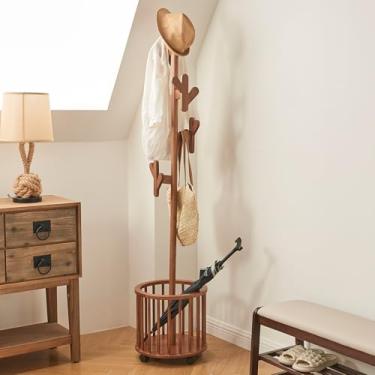 Imagem de Uniclinens Cabideiro, cabideiro independente de madeira maciça com rodízios universais bloqueáveis, suporte para árvores com cesta de armazenamento e 12 ganchos, para entrada, quarto, sala de estar,