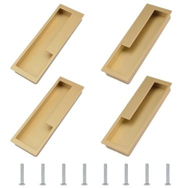 Imagem de MOROBOR Puxadores nivelados de liga de zinco, 4 peças de maçanetas deslizantes embutidas com parafusos ocultos puxador de porta simples moderno para armário de gaveta de celeiro deslizante (ouro