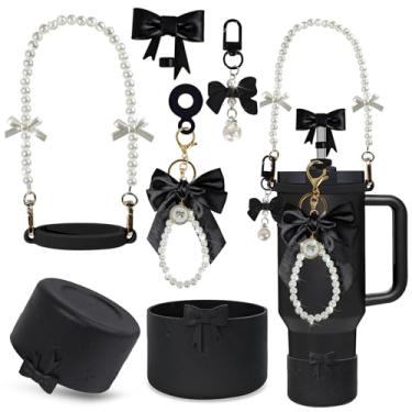 Imagem de VirgoCCY Conjunto de acessórios para copo Stanley Black Bow, incluindo capa de canudo de silicone, alça de alça de garrafa de água, pingentes Stanley para copo Stanley Cup 1,134 g copo de 850 g com