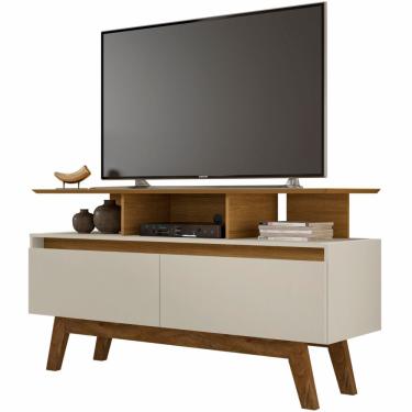 Imagem de Rack Retro Bechara Rubi 2 portas para TV de ate 50 polegadas pés de madeira maciça com Largura 120 cm Cinamomo off White