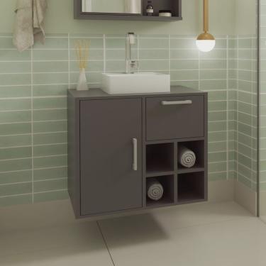 Imagem de Gabinete Suspenso para Banheiro Com Cuba Branca 68cm 1 Porta 1 Gaveta e Nicho Aberto Eduarda