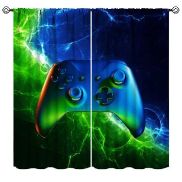Imagem de Cortinas de jogos para meninos, azul, verde, abstrato, relâmpago, gamepad, colorido, moderno, néon, impressão, para quarto de crianças, adolescentes, sala de jogos, 107 cm L x 114 cm C, (sem apagão)