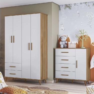 Imagem de Guarda Roupa Infantil 4 Portas 2 Gavetas e Cômoda 1 Porta 4 Gavetas Noah Retrô Peternella- Straso Móveis