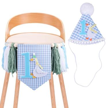 Imagem de Banner de cadeira alta e chapéu de aniversário One Silly Goose estilo guingão, decorações de primeiro aniversário de ganso com faixa de borla de fio para meninos e meninas (azul)