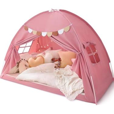 Imagem de Avrsol Tenda de cama de solteiro, tenda de brincar, tenda de solteiro, tenda para crianças, meninas, barraca para cama de criança com faixas de galhardetes, barraca rosa, barraca de brinquedo para