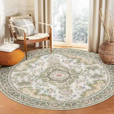 Imagem de Castage Tapete redondo verde de 1,8 m, tapetes grandes para sala de estar, quarto, sala de jantar, lavável, boêmio, vintage, boêmio, envelhecido, oriental, floral, antiderrapante, floral sálvia