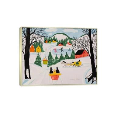 Imagem de Maud Lewis Famosa Pintura-Impressões em Tela Reprodução-Quadro Sala de Estar(Sleigh Ride and Skating) 60x80cm-23x31in Moldura de Prata