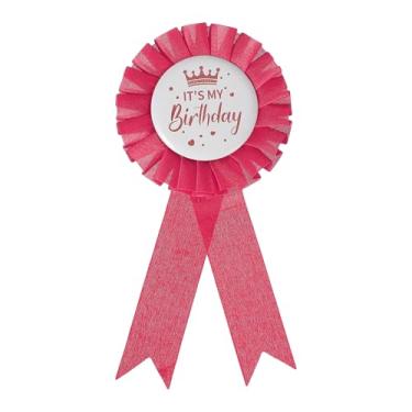 Imagem de PATIKIL Fita de aniversário de 15 cm x 7,6 cm, broche de crachá de folha de flandres em tecido It's My Birthday Pin para decoração de festa, acessório de celebração, branco/vermelho rosa