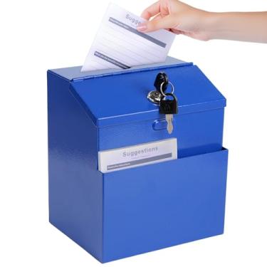 Imagem de Caixa de sugestões com ranhura e fechadura e 50 folhas de sugestões caixa de doação montada na parede com cadeado aço azul