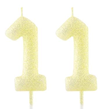 Imagem de Vela de aniversário de 11 anos ouro amarelo glitter número 11 velas luminosas decoração topo de bolo vela feliz aniversário para meninas meninos mulheres aniversário celebrações suprimentos de festa