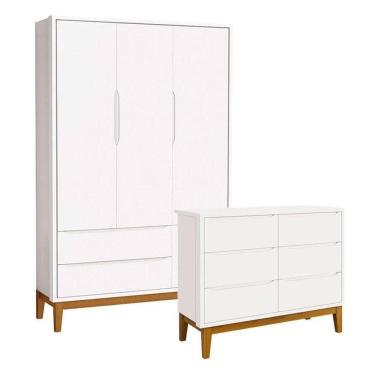 Imagem de Cômoda 6 Portas E Guarda Roupa Infantil 3 Portas New Classic Branco Acetinado Com Pés Madeira - Reller