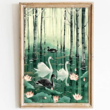 Imagem de Imagem de cisne preto e branco arte de parede em tela de lótus rosa pintura abstrata floresta paisagem rosa e verde pôster de lírio d'água vintage impressão de cisne arte de paisagem abstrata 40 x 61