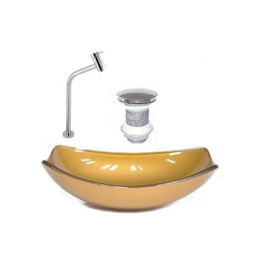 Imagem de Cuba Vidro Oval Chanfrada 46Cm Dourado R Valvula + Torneira